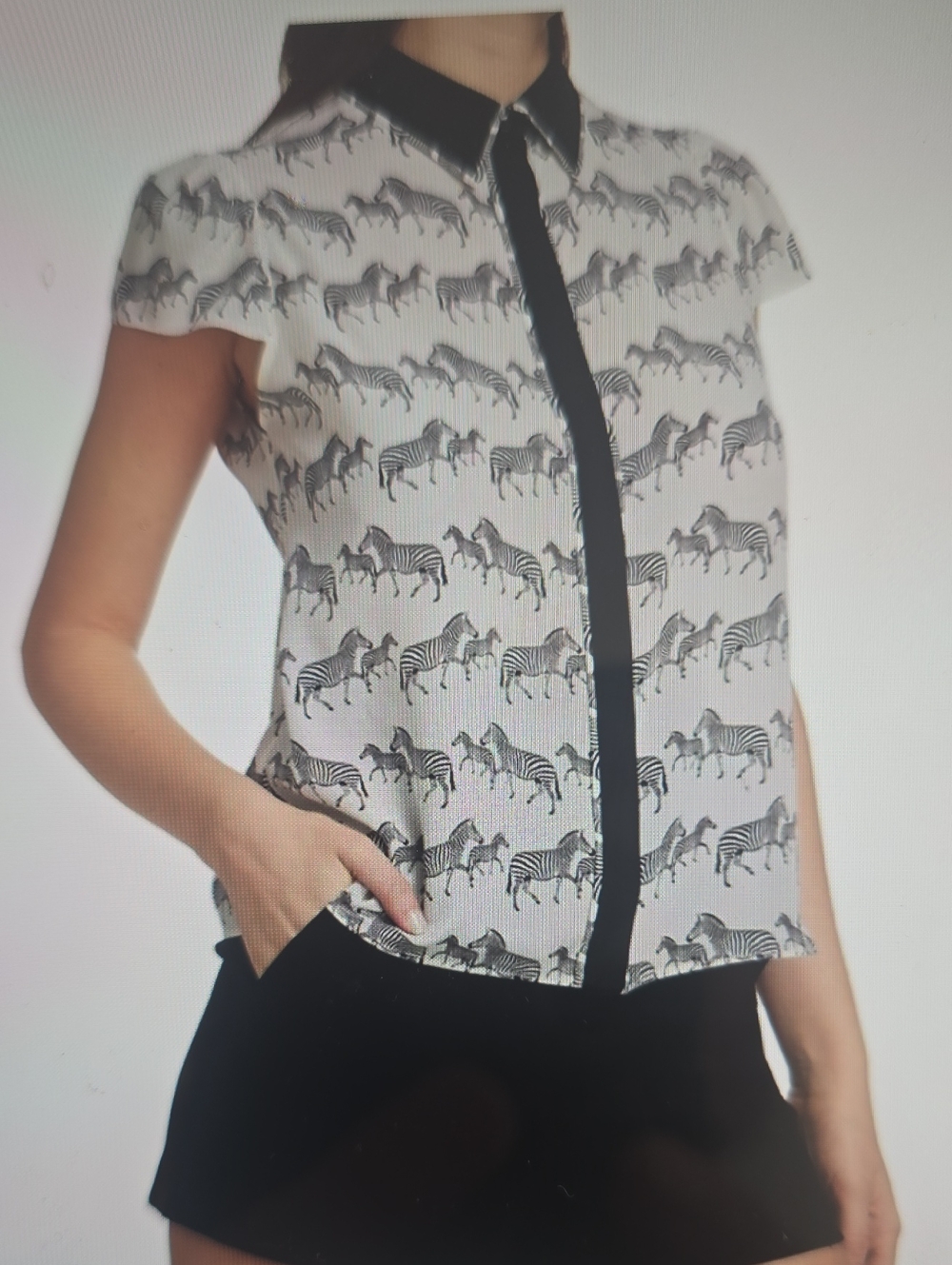 Alice + Olivia Zebra-Print, Silk Cap Sleeve Button-Down Shirt - Black & White L